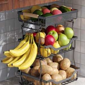 3-Tier Kitchen Fruit Basket with Wall Mount & Banana Hangers