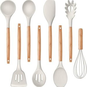 P&P CHEF 8-Piece Silicone Kitchen Utensil Set with Wooden Handles